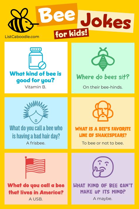 Funny bee jokes for kids. Jokes For Kindergarteners, Kids Jokes Funny, Bee Jokes, Children Jokes, Kids Jokes And Riddles, Lunch Jokes, Jokes In English, Kids Lunch Box Notes, Bee Cartoon