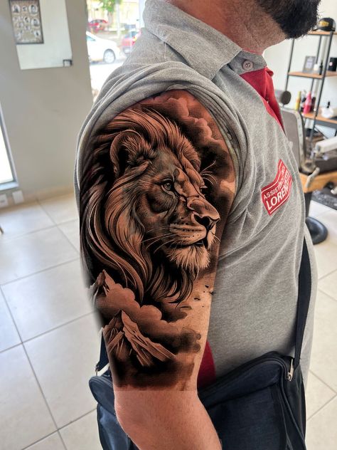 Upper Arm Lion Tattoo For Men, Lion Bicep Tattoo Men, Leo Lion Tattoos, Lion And Lioness Tattoo, Lion Arm Tattoo, Lion Shoulder Tattoo, Lion Forearm Tattoos, Bicep Tattoo Men, Fire Fighter Tattoos