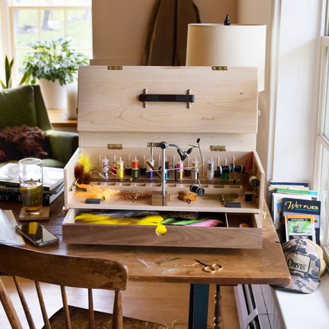 The Go Box Portable Fly-Tying Workstation | Orvis Portable Fly Tying Station, Fly Fishing Organization, Fly Tying Station, Fishing Organization, Portable Workstation, Fly Tying Desk, Tool Caddy, Fly Tying Tools, Diy Fishing Lures