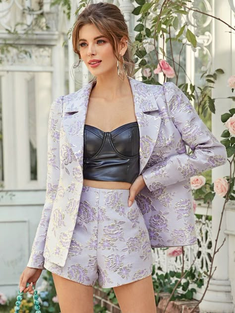 Notched Collar Floral Jacquard Blazer & Shorts Set | SHEIN USA Best Shapewear, Fashion Sketches Dresses, Traje Casual, Blazer And Shorts, Stage Outfits, Looks Style, Kpop Outfits, Looks Vintage, Fancy Dresses