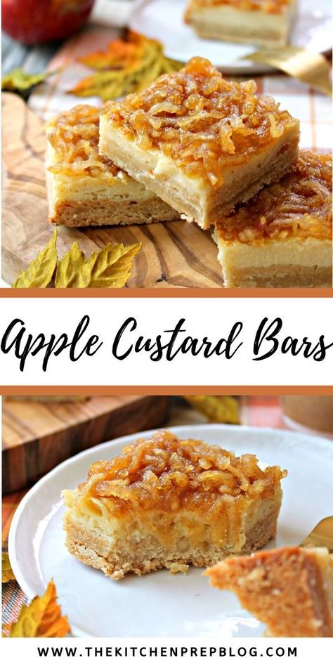 Apple Custard Bars! The autumnal answer to lemon bars, these Apple Custard bars consist of sweet and creamy apple cider-infused custard atop a brown sugar shortcrust, then smothered in a spiced apple topping. Custard Bars, Apple Topping, Apple Cider Syrup, Easy Custard, Apple Custard, Fall Eats, Types Of Pastry, Apple Dishes, Spiced Apple Cider