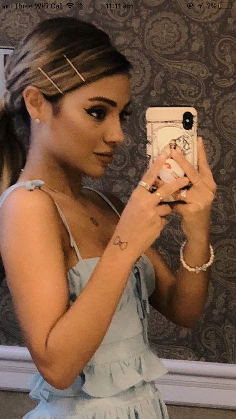 Gabi demartino girly bow tattoo Aesthetic Bow Tattoo, Gabi Demartino Tattoo, Cat With Bow Tattoo, Leopard Bow Tattoo, Gabby Demartino, Gabi Demartino Instagram, Tattoo Over Scar, Small Rose Tattoo, Bow Tattoo