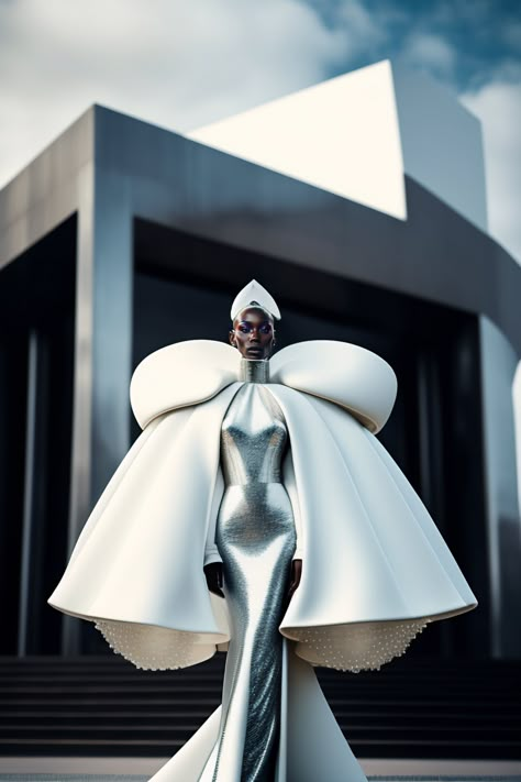 Drag Fashion Haute Couture, Futuristic Dress Design, Futuristic Design Fashion, Space Fashion Futuristic, Futuristic Fashion Design, High Tech Fashion, Futuristic Dress, Futuristic Outfits, Structured Fashion