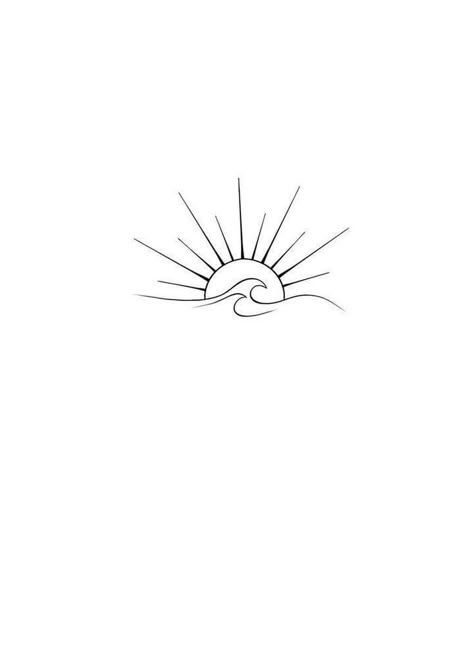 Sunset With Waves Tattoo, Half Sunset Tattoo, Sun And Surf Tattoo, Sun And Wave Drawing, Mother Sun Tattoo, Ocean Love Tattoo, Elegant Line Art, Fineline Sunset Tattoo, Sun With Wave Tattoo