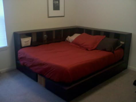 This is platform bed made that I made from cubical shelving---  I like it this but wouldnt paint it dark. Cube Shelves Bed, Beds Made From Storage Cubes, Sideways Bed Ideas, Cube Shelf Headboard, Cubical Bed Frame Diy, Cubicle Bed Frame Diy, Crates For Bed Frame, Bed Made From Storage Cubes, Shelving Bed