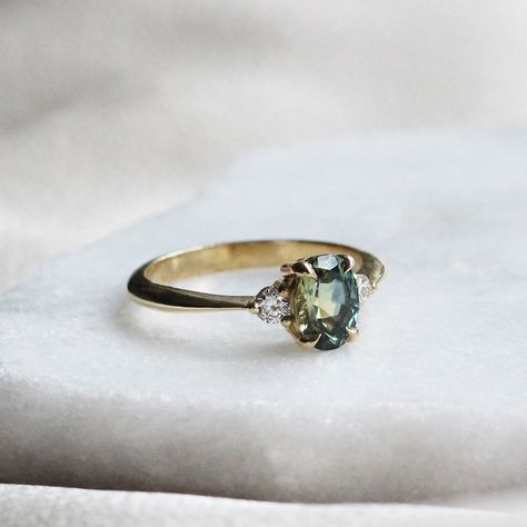 Light Green Engagement Ring, Engagement Rings Handmade, Green Engagement Rings, Being Confident, Green Sapphire Engagement, Green Sapphire Engagement Ring, Alternative Bride, Three Stone Ring, Sapphire Engagement Ring