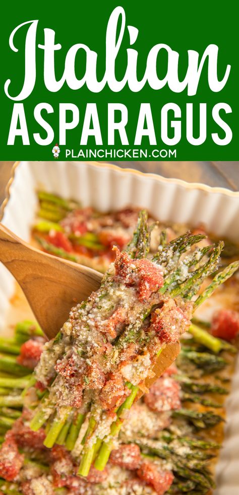 Italian Asparagus - our favorite asparagus recipe!! Such an easy side dish!! Fresh asparagus, diced Italian tomatoes, garlic salt, pepper, Italian seasoning, parmesan and bread crumbs. SO easy! Ready to eat in under 30 minutes! Goes with everything - chicken, pork, steak, casseroles, pasta. Great for an easy weeknight side dish, cookouts and dinner parties. SO good! #asparagus #sidedish #vegetable Garlic Dishes, Italian Asparagus, Asparagus Side, Asparagus Side Dish, Chicken Italian, Steak Sides, Italian Tomatoes, Pastas Recipes, Side Items