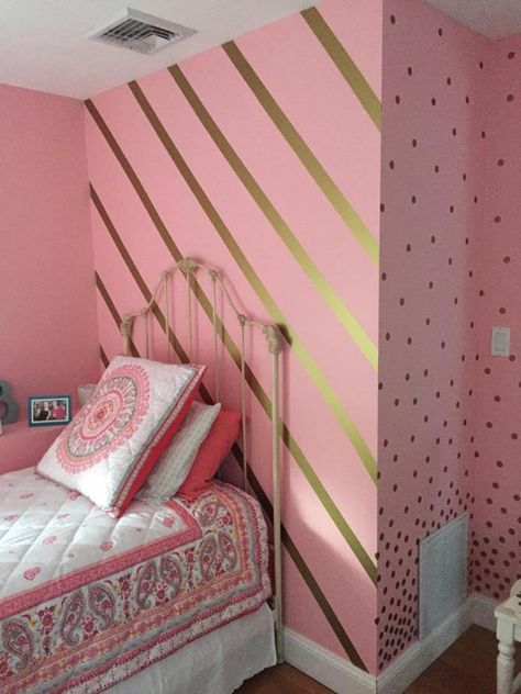 Gold stripes using Easy Stripe by @wallsneedlove and Gold Polka Dot wall decals! Pink And Gold Painted Walls, Pink And Gold Striped Wall, Gold Stripe Wall, Gold Striped Walls, Living Room Paint Design, Kids Accent Wall, Pink Striped Walls, Ideas Dormitorio, Striped Accent Wall