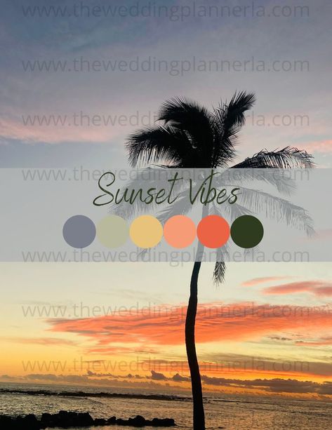 Sunset wedding inspo, natural wedding color palette, wedding color ideas, wedding color inspiration, outdoor wedding aesethetic, indoor wedding aesethic, nature inspired wedding, beach wedding, ocean wedding Sunset Beach Wedding Colors, Sunrise Theme Wedding, Sunset Palette Wedding, Coastal Wedding Color Palettes, Sunset Theme Wedding, Sunset Wedding Decor, Sunset Color Palette Wedding, Sunset Themed Wedding, Summer Sunset Wedding