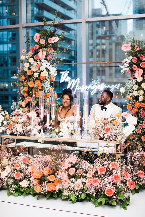 Sarah and Dave’s Bloomful Modern Wedding at Malaparte African American Wedding, Head Table Backdrop, Winery Wedding Photos, Pronovias Bridal, Colorful Florals, African American Weddings, Rooftop Wedding, Theme Color, American Wedding