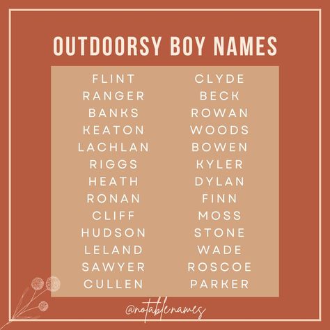 Discover the perfect name for your little adventurer with this list of outdoorsy boy names. Names like Banks, Stone, and Rowan are great ways to connect your little one's name to nature. Each name on this list is inspired by the great outdoors, ideal for a future explorer or a family who loves spending time in the great outdoors. These boys are wild spirits, love the grass beneath their feet, wind in their hair and staying outside until the sun sets. #names #boynames #babynames #babynameins... Dnd Names, Trolls Oc, 60s Boys, Random Baby, Sims Names, Oc Names, Names For Boys List, Best Character Names, Baby Name List