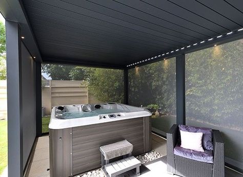 Screened Hot Tub Enclosure, Covered Hot Tub Area, Screened In Hot Tub Area, Winter Hot Tub Enclosure, Outdoor Hottub Area Privacy, Recessed Hot Tub Patio, Screened In Hot Tub, Hot Tub Roof, Outdoor Hot Tub Area