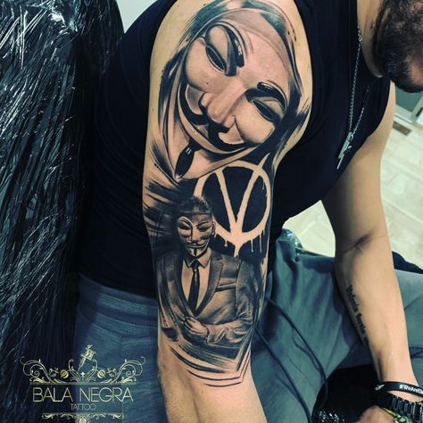 V For Vendetta Tattoo, Vendetta Tattoo, Joker Tattoo, Creepy Tattoos, V For Vendetta, 1 Tattoo, Military Girl, Arm Tattoos, Tattoo Sleeve Designs