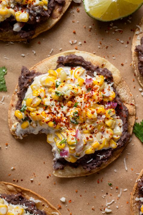 Mexican Street Corn Tostadas - Our Balanced Bowl Mexican Street Corn Tostadas, Street Corn Tostadas, Summer Meal Aesthetic, Vegetarian Tostada Recipes, Fresh Mexican Recipes, Street Corn Dinner, Corn Dinner Ideas, Healthy Tostada Recipes, Tostada Toppings