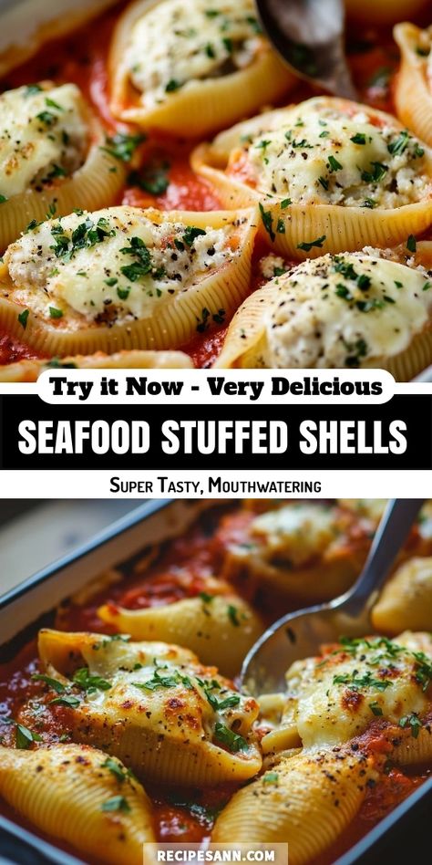 I'm excited to share my new favorite dish: Seafood Stuffed Shells! These delightfully creamy pasta shells are filled with a savory seafood mixture and baked to perfection in a rich tomato sauce. Every bite is absolutely mouthwatering and perfect for any occasion. Trust me, you won't want to miss out on this recipe! Ree Drummond Shrimp Scampi Stuffed Shells, Crab Stuffed Pasta Shells Recipe, Stuffed Scallops In Shell, Crab Stuffed Shells Recipes, Italian Stuffed Shells With Meat, Shrimp Stuffed Pasta Shells, Seafood Stuffed Shells Alfredo, Stuffed Shells Seafood, Sea Food Meals