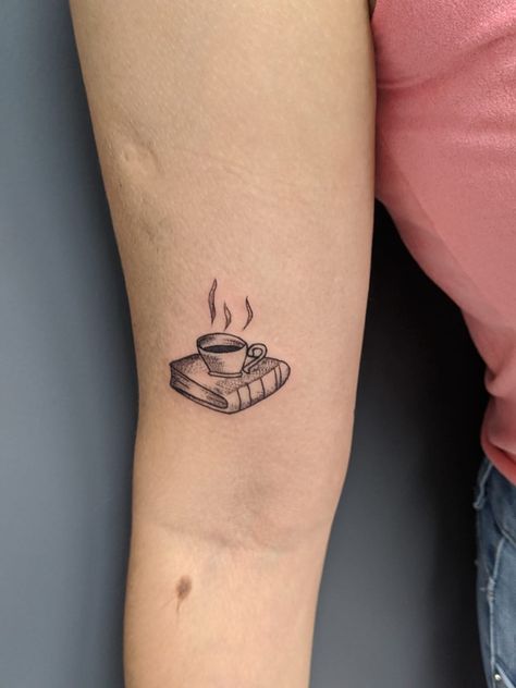 Coffee Inspired Tattoos, Coffee And Book Tattoo, Books And Coffee Tattoo, Coffee Mug Tattoo, Mug Tattoo, Coffee Cup Tattoo, Cup Tattoo, Coffee Tattoo, Books And Coffee