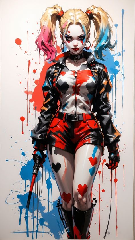 Harley And Joker Love Fan Art, Harley Quinn Anime Art, Harley Quinn Wallpaper Iphone, Harlie Queen, Character Art Inspiration, Full Body Character Design, Anime Harley Quinn, Body Character Design, Harley Quinn Comic Art