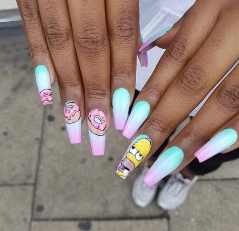 Homer Simpson inspired nails Summer Acrylic Nails, Halloween Nail Art, Coffin Nails Designs, Fire Nails, Cute Nail Designs, Pretty Acrylic Nails, Dope Nails, Best Acrylic Nails, Long Acrylic Nails