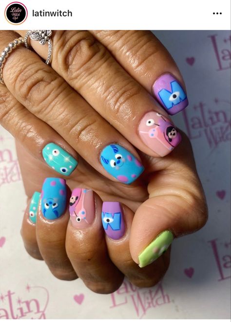 Monster Inc Nails, Disney Themed Nails, Disneyland Nails, Monster Nails, Disney Inspired Nails, Short Nail Manicure, Multicolored Nails, Cute Pink Nails, Hippie Nails