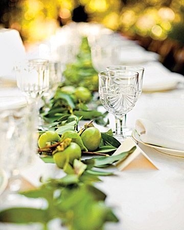 Thanksgiving table setting Fruit Centerpieces Wedding, Martha Stewart Weddings Flowers, Green Wedding Centerpieces, Fruit Garland, College Event, Table Garland, Dartmouth College, Fall Wedding Centerpieces, Rustic Centerpieces