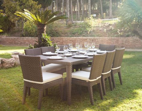 Upscale Furniture, Wicker Dining Set, Outdoor Market, White Cushions, Outdoor Dining Furniture, Patio Spaces, Patio Dining Set, Outdoor Fireplace, Anodized Aluminum