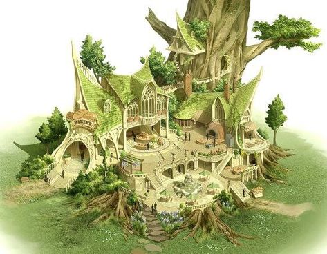 Elven City, Painting School, Bangunan Minecraft, Rpg Map, Elf House, Arte Cyberpunk, Forest Creatures, Game Background, Fantasy House