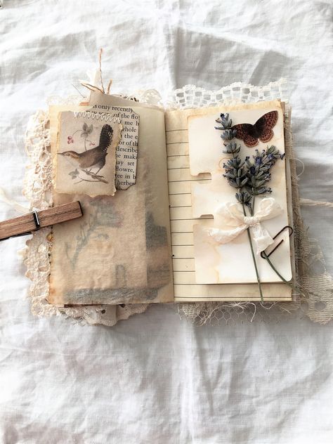 Aug 7, 2017 - Soft cover mini full of tea dyed papers, fabrics and laces... Covers fashioned from burlap and lace featuring a velvet leaf, vintage button and a Making Sketchbooks, Boho Journal, Nature Journals, Shabby Chic Paper, Gardening Journal, Shabby Chic Journal, Scrap Journal, Vintage Journals, Journal Nature