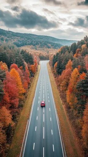 ↑↑↑ Larger size on website 🔸 A lone red car drives down a straight, empty highway lined with vibrant autumn foliage. The road str Highway Landscape, Road Landscape, Car Drives, Landscape Autumn, Nature Trip, Nature Autumn, Car Drive, Autumn Foliage, Autumn Drives