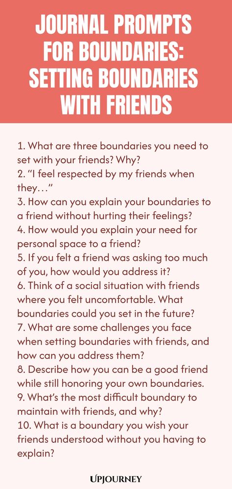 Explore a series of insightful journal prompts that will guide you on how to set healthy boundaries with your friends. Cultivate self-awareness and better communication skills through these prompts. Enhance your relationships by understanding and asserting your own boundaries effectively. Strengthen the foundation of your friendships with these thoughtful journaling exercises. Take the first step towards creating a more balanced and fulfilling social life by reflecting on these prompts today! How To Set Boundaries, Friendship Prompts, Boundaries With Friends, Better Communication Skills, Journaling Exercises, 100 Journal Prompts, Work Etiquette, Psychology Terms, Relationship Quizzes