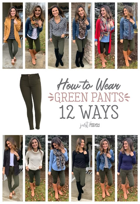 How to wear green pants 12 different ways! I love that you can wear these olive green pants in so many different ways. They are a perfect item for a capsule wardrobe too! These green pants are perfect to dress up or down, to wear to work outfit or for a teacher outfit! Olive Pants Outfit, Olive Green Pants Outfit, Green Pants Outfit, Hiking Hairstyles, Olive Pants, Teaching Outfits, Backpacking Hiking, Olive Green Pants, Fall Hiking