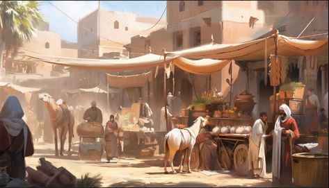 Market Concept Art, Arabian Market, Desert Map, Egypt Concept Art, Old Market, African Market, Desert Painting, Fantasy Places, Islamic Images