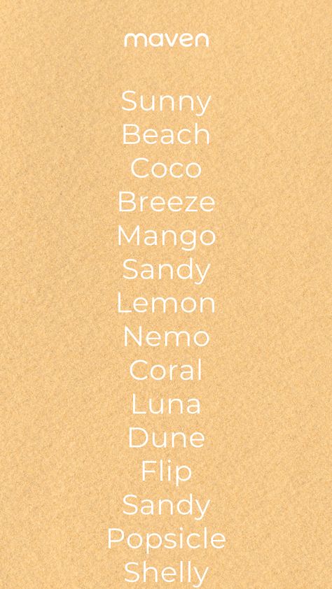 Summer themed Names Beach Dog Names, Beachy Dog Names, Ocean Baby Names, Summer Names, Puppy Names, Summer Dog, Name Tags, Dog Names, Baby Names