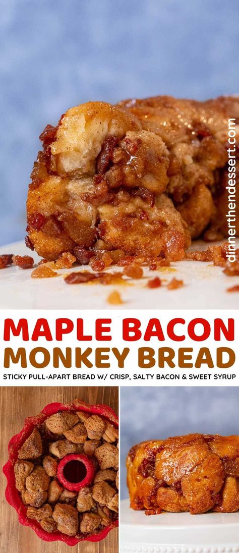 Maple Bacon Monkey Bread is the perfect blend of breakfast flavors with crisp, salty bacon and sweet maple syrup combined over sticky pull-apart bread. Also great as a dessert! Cookies With Bacon, Bacon Dessert, Maple Bacon Bread, Maple Bacon Desserts, Monkey Bread Flavors, Maple Bacon Bundt Cake, Maple Bacon Monkey Bread, Breakfast Monkey Bread Pull Apart, Bacon Dessert Recipes