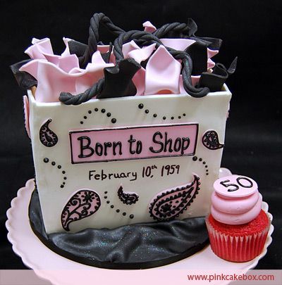 A 50th birthday cake idea for the one who likes to shop til she drops.  See more 50th birthday cakes and party ideas at www.one-stop-party-ideas.com Fashionista Birthday Cake, Born To Shop Cake, Shoes Cake, Pink Cake Box, Grad Cake, Shoe Cakes, Cake Boutique, 50th Bday, Turning 50