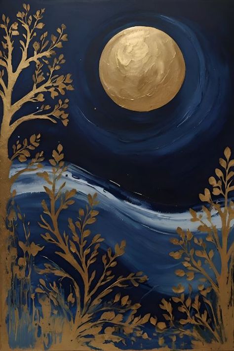 Golden Moon and Nature Art - Fine art Sun Moon And Stars Art Paintings, Yellow Moon Painting, Moon Forest Painting, Gold Leaf Moon Painting, Sun And Moon Oil Painting, Flower Landscape, Nature Illustration, Moon Art, Leaf Art