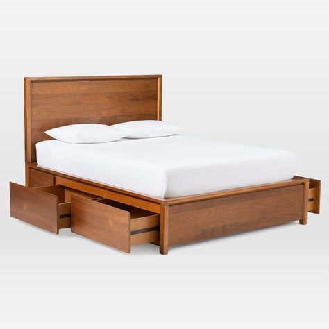 Mid Century Headboard, Modern Upholstered Beds, Mid Century Bed, West Elm Bedding, Diy Platform Bed, Upholstered Storage Bed, Loft Ideas, Platform Bed With Storage, Cama Queen