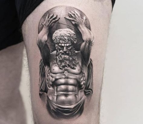 Atlas Fine Line Tattoo, God Atlas Tattoo, Atlas Tattoo Mythology, Atlas Tattoo Design, Steve Butcher Tattoo, Tattoo Fillers, Tattoo Knee, Greek God Tattoo, Lamp Tattoo