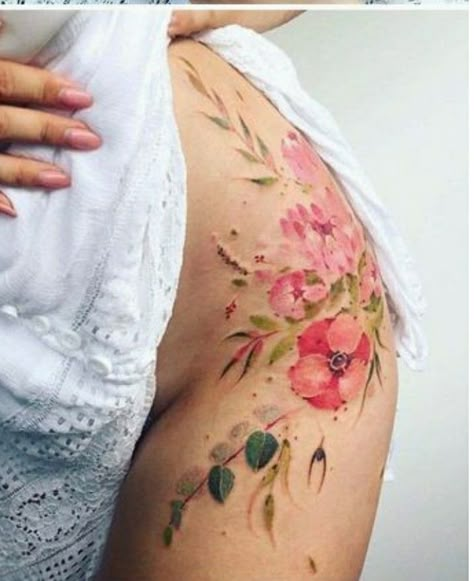 Thigh Watercolor Tattoos Women, Sexiest Tattoo Locations For Women, Back Thigh Tattoo, Negative Space Tattoo, Floral Thigh Tattoos, Flower Thigh Tattoos, Hip Thigh Tattoos, Hip Tattoos Women, Inspiration Tattoos