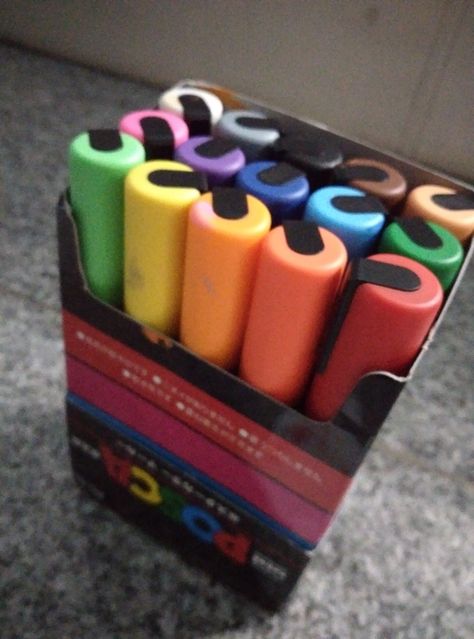 I finally got my posca pens after TWELVE DAYS......amazon delivers late Skateboard Ideas, Posca Pens, Pen Collection, Paint Pens, Pen Sets, Cutie Patootie, Crayon, Skateboard, Pen