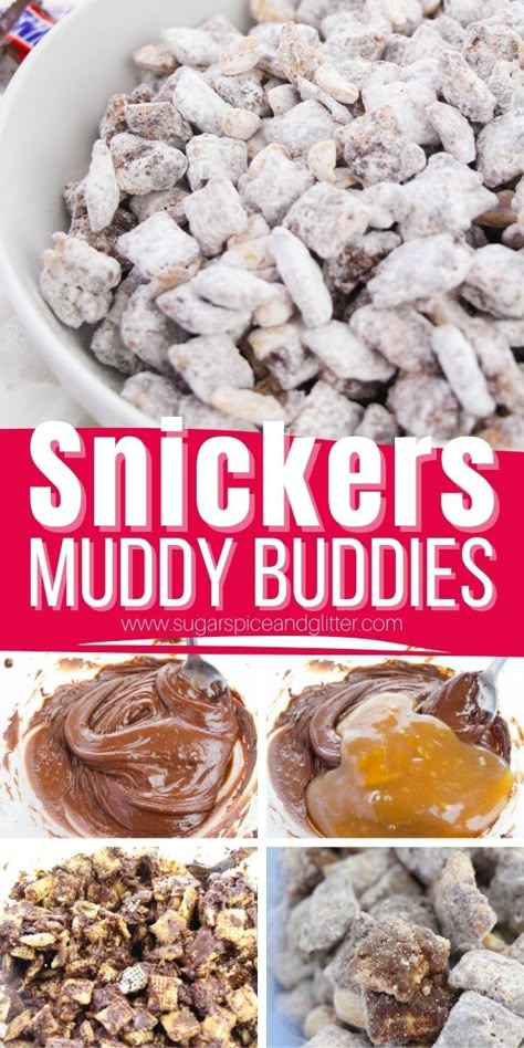 How to make Snickers Muddy Buddies, a sweet and salty party mix with a satisfying crunch and combination of chocolate, caramel and peanut butter flavors. The perfect no bake dessert for movie nights, parties or just to satisfy your sweet tooth without heating up the house Snacks That Wont Melt, Sweet And Salty Snack Ideas, Snacks For School Party, Summer Puppy Chow, Snacks Salty, Muddy Buddy Recipe Peanut Butter, Chex Holiday Muddy Buddy, Captain Crunch Muddy Buddies, Cinnamon Toast Crunch Muddy Buddies