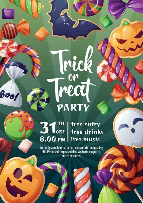 Halloween party flyer. Holiday invitation Trick or Treat. Poster, banner with spooky candies, sweets, cookies, lollipops. Cookies Poster, Trick Or Treat Poster, Halloween Party Poster, Spooky Candy, Halloween Party Flyer, Candy Poster, School Poster, Vector Character Design, Halloween Flyer