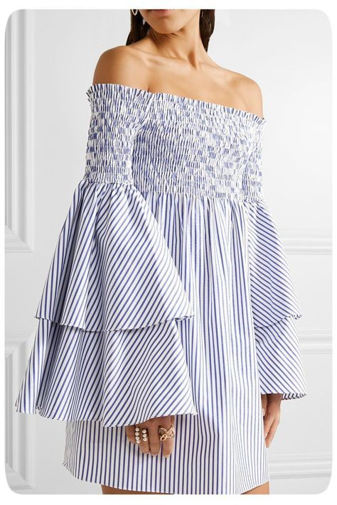 Blue White Striped Dress, Caroline Constas, Flare Sleeve Dress, Off Shoulder Dresses, Shirred Dress, Dress Tutorials, Runway Dresses, Fashion Styling, Mini Short