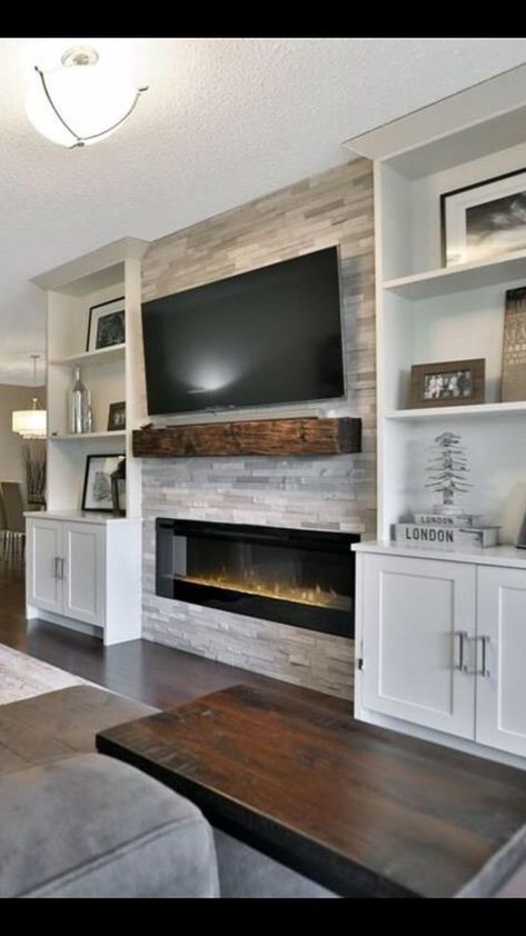 Fireplace Ideas With Tv Above, Fireplace Ideas With Tv, Barndominium Interior, Cave Basement, Feature Wall Living Room, Built In Shelves Living Room, Living Room Built Ins, Fireplace Tv Wall, Basement Living Rooms