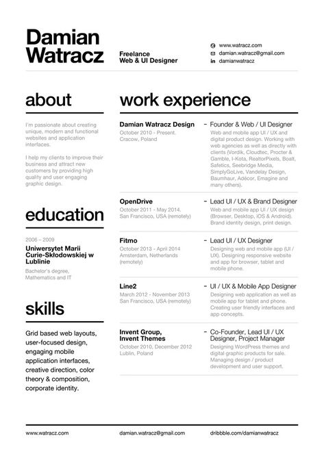 Swiss Style Resume 2014 by Damian Watracz Cv Original Design, Cv Original, Cv Ideas, Cv Inspiration, Mises En Page Design Graphique, Graphic Design Cv, Cv Portfolio, Resume Portfolio, Logos Retro