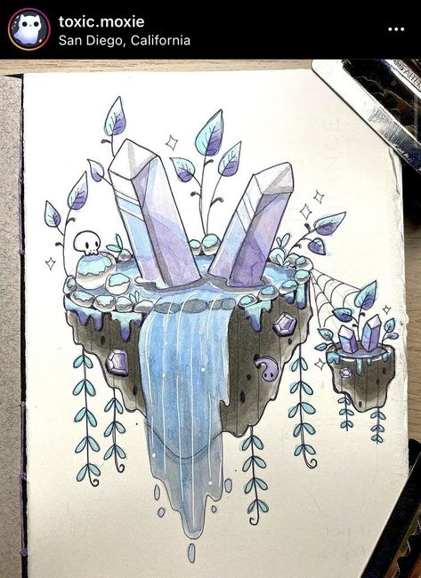 Drawing Ideas Fantasy Magic Art, Mushroom Crystal Drawing, Crystal Tree Drawing, Fantasy World Drawing Easy, Sketches Book Ideas, Crystal Drawing Ideas, Magical Drawing Ideas, Fantasy Doodles, Sketch Pen Art