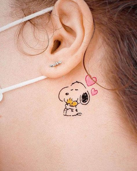 Tattoo On Body Women, Behind The Ear Tattoo Ideas Disney, Small Snoopy Tattoos For Women, Cute Characters Tattoo, Tattoos Cool Unique, Small Tattoos Cartoon, Cute Cartoon Tattoo Ideas, Sunshine Bear Tattoo, Tiny Cartoon Tattoos