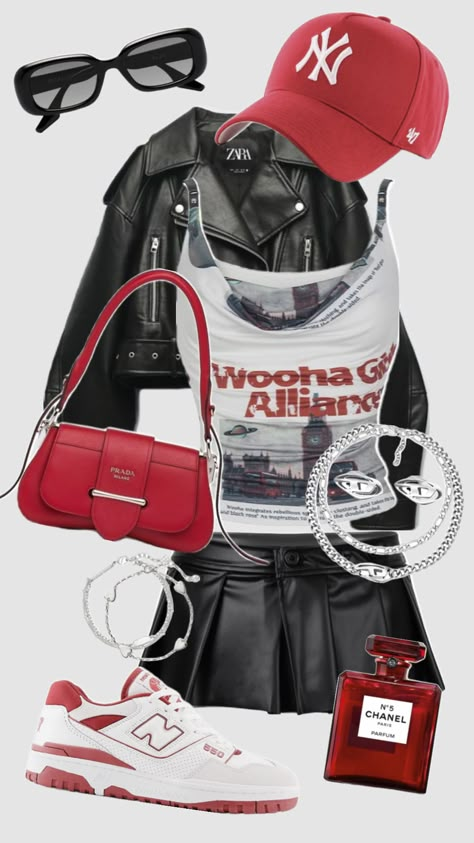 Outfit Inspo! #outfitinspo #outfit #outfitideas #y2k #nyc #citygirl #baddie #school #cute #cutefit #streetwear #fashion #fashioninspo #aesthetic #aestheticgirl #red #redaesthetic #black #trendy #fyp Fashion School Outfits Nyc, Akira Outfits, Black And Red Outfit Baddie, Red And Black Outfits Baddie, Red Y2k Outfit, Y2k Baddie Outfits, Red And Black Outfits, Clueless Outfits, Fashion Top Outfits