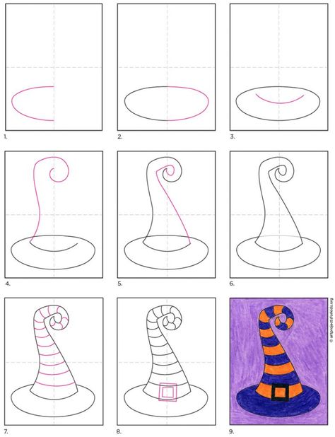 How to Draw a Witch Hat · Art Projects for Kids How To Draw A Witch Hat, Painel Halloween, Witch Hat Tutorial, Draw A Witch, Drawing Hats, Easy Halloween Drawings, Cute Halloween Drawings, Drawing Hacks, Halloween Art Projects