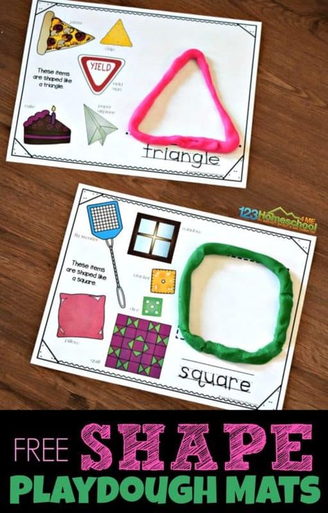 FREE Shape Playdough Mats are a fun way for hands on learning about shapes for kids. Each shape printable has real life shapes, space to build a shape out of playdough, and trace the shape name. #shapes #playdoughmats #kindergarten Playdoh Shape Mats Free Printable, Learning Stations Kindergarten, Apple Playdough, Slime Activities, Scented Playdough, Preschool Shapes, Shapes Activity, Printable Road, Shape Activities