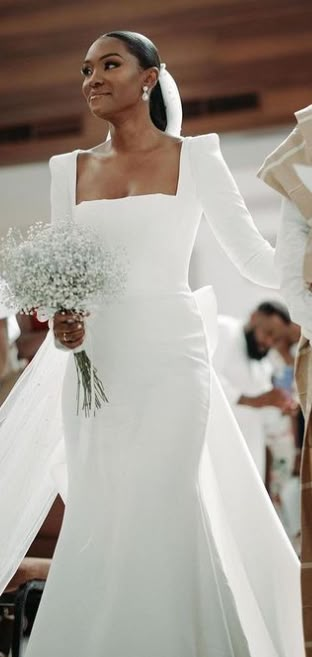 Clean Wedding Dress With Sleeves, Modest Minimalist Wedding Dress, Plain Wedding Dress With Gloves, Classy Long Sleeve Wedding Dress, Wedding Dresses 2000 Style, Very Simple Wedding Dress, Classic Wedding Dress Timeless Classy With Sleeves, Wedding Dresses With Puff Sleeves, Classic White Long Sleeve Wedding Dress